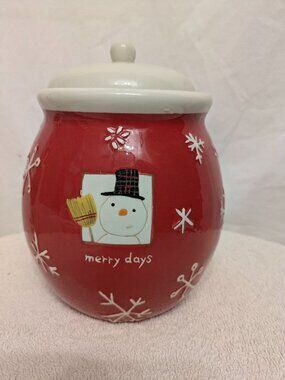 Hallmark Merry Days Snowman Cookie Jar Christmas Canister Red White Decor